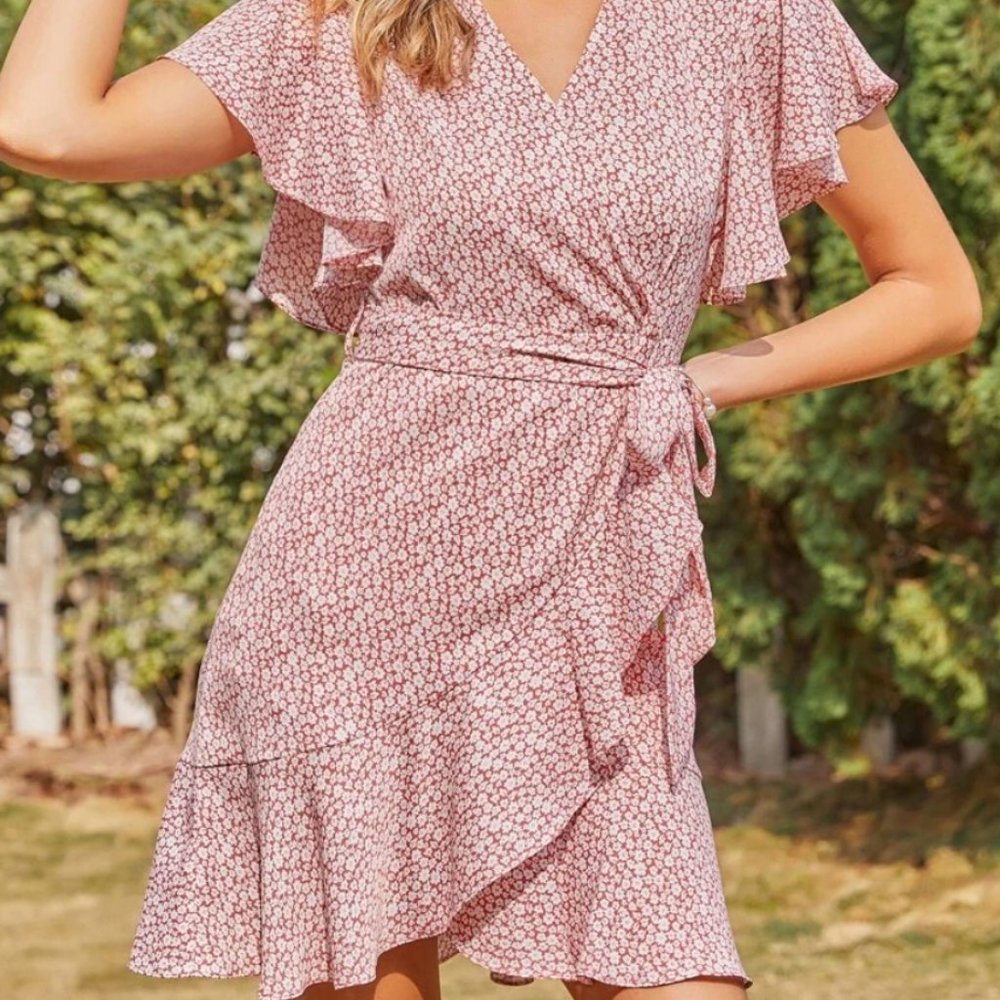 Red Floral Wrap Dress
